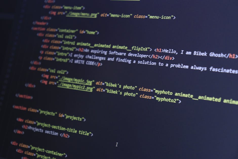 The image shows a computer screen displaying lines of front-end code in various colors, including HTML tags, attributes, and class names. The code is organized in a text editor window with a dark back